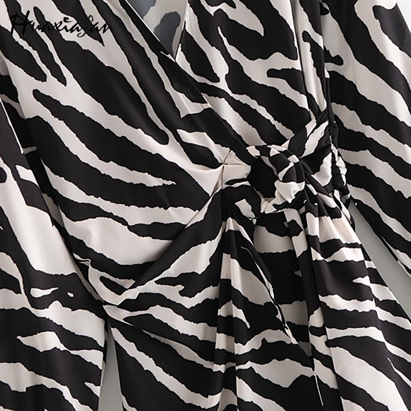 

Huaxiafan Zebra Print Mini Dress Women with Belt Summer Autumn Casual Elegant Chic Za Party Shirtdress Female 2021 Brand Fashion