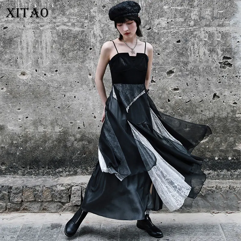 

XITAO асимметричное лоскутное платье без рукавов 2021 летнее Новое поступление индивидуальное модное свободное платье на бретелях WMD0484