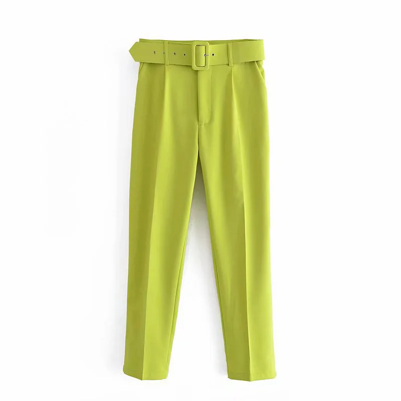 

Pinkou Women Elegant Fluorescent Green Pants Bow Tie Belt Zipper Fly Trousers Female Casual Ankle Length Suit Pants KA15