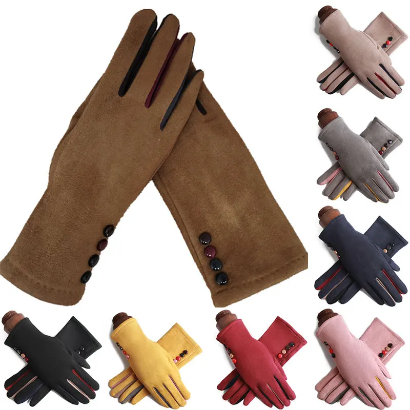 

Suede Leather Full Finge Gloves Female Thicken Warm Mittens Touch Screen Driving Gloves Autumn Winter Women Buttons Gloves