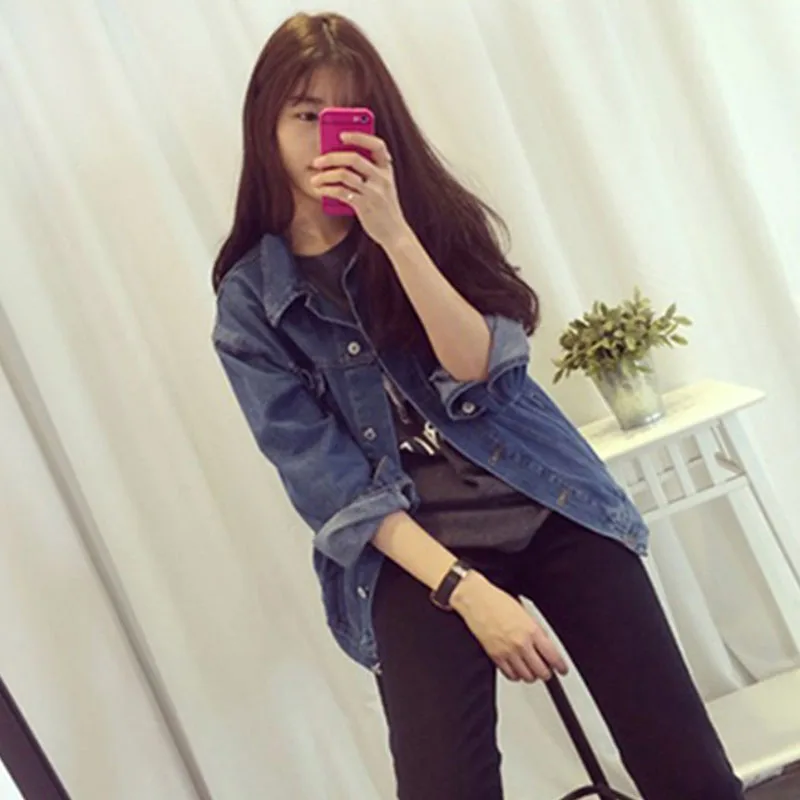 Женская Повседневная джинсовая куртка синяя черная свободная однобортная с
