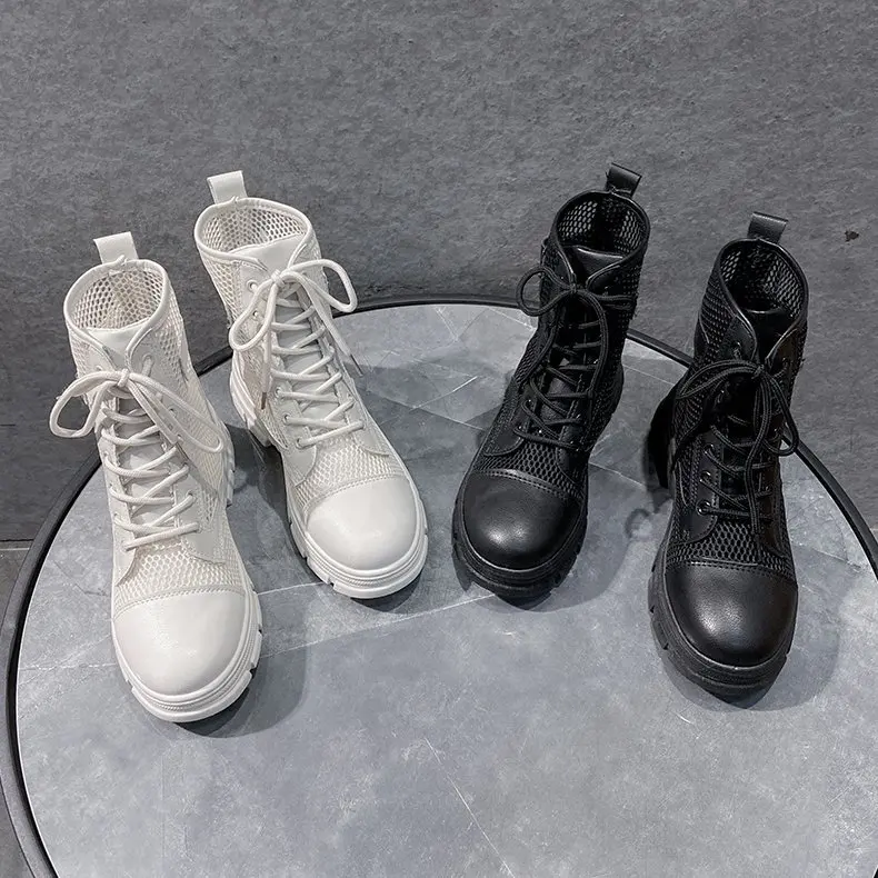 

Summer Mesh Breathable and Comfortable Martin Shoes Black All-match Casual Women's Shoes Lace-up High-top Shoes Flat Shoes