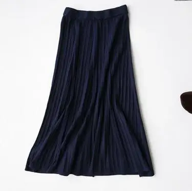 

Women Elegant Pleated 2020 Knitted Autumn Winter Solid Elastic High Waist Long Female Loose Warm Midi Skirt Saia