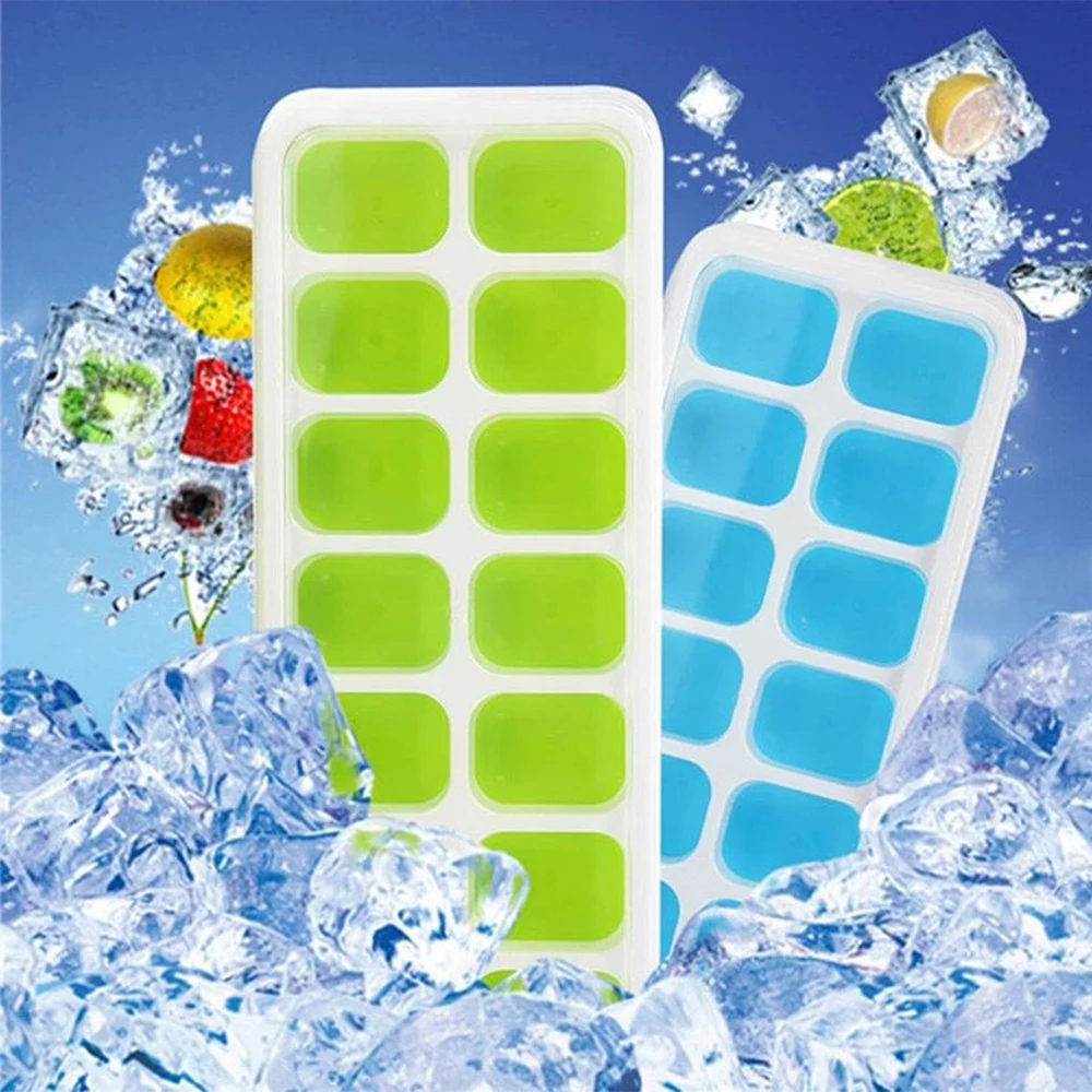 

Easy Release Silicone & Flexible 14 Ice Cream Tools Cube Trays with Spill Resistant Removable Lid for Cocktail Freezer Stackable