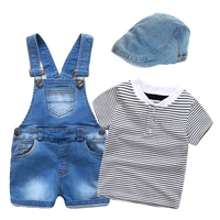toddler kids denim clothes summer boys cowboy hat striped top bib jeans 3 pcs short fashion children outfits kb8052