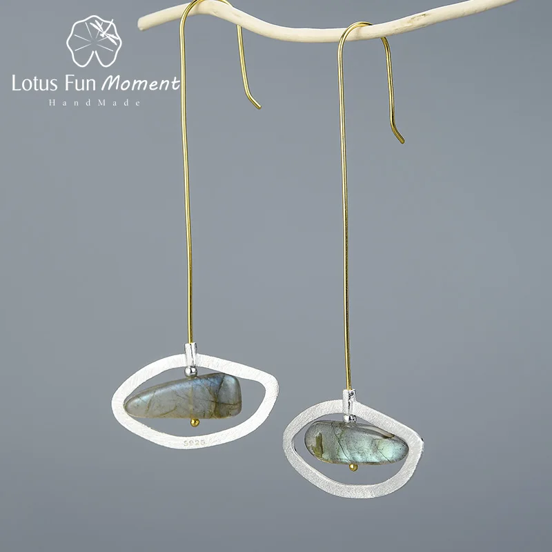 Smaller Lotus весело момент Настоящее серебро 925 проба Натуральный Лабрадорит ювелирные изделия поворотный глаза мира длинные Длинные Висячие серьги для Для женщин - Окраска металла: Smaller