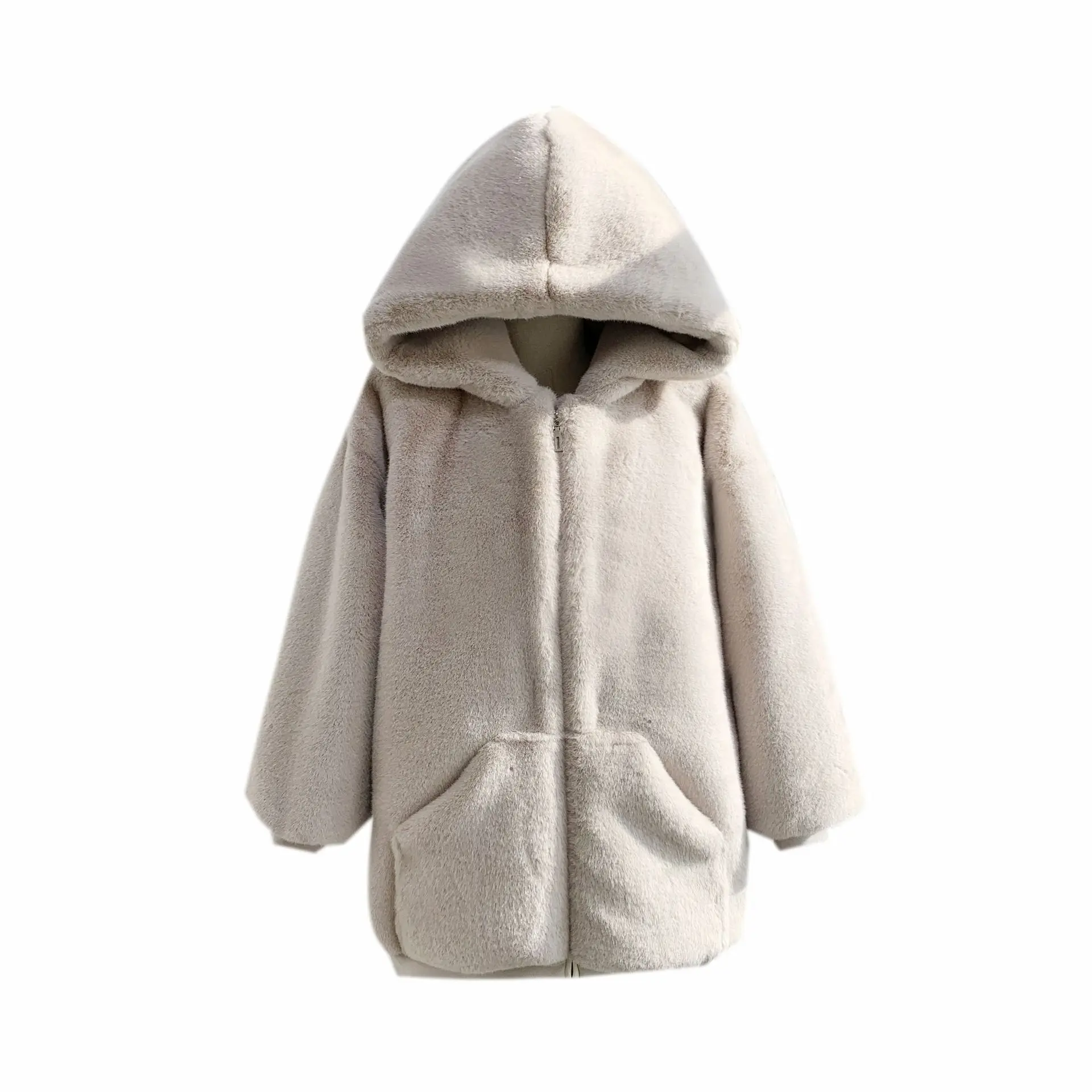 

Модное плюшевое пальто, Женское зимнее пальто средней длины из искусственного меха кролика Рекс, Свободное пальто с капюшоном, новинка 2021