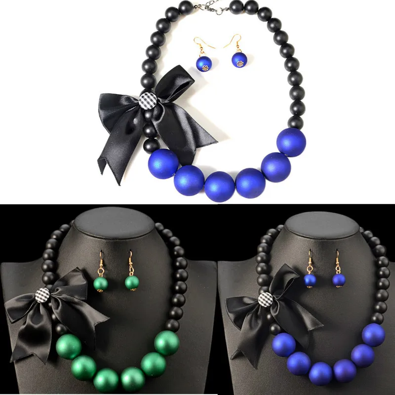 Большой нагрудник деревянные бусы ожерелье набор лента Бант Цветок серьги