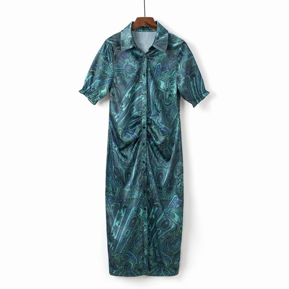 

Женское длинное платье-рубашка, новое модное винтажное платье с драпировкой и коротким рукавом, лето 2022