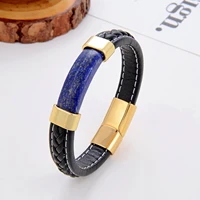 fashion natural stone women bracelet charm black leather bracelets for men stainless steel clasp friendship jewelry wholesale