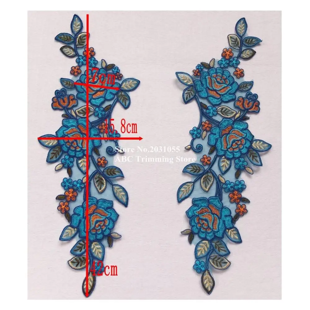 1 пара = 2 шт. x синий/оранжевый органза Цветочная вышивка Кружевная аппликация