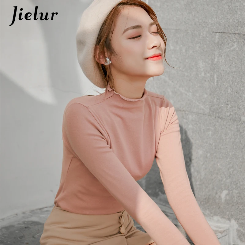 

Jielur Turtleneck T-shirt Female Casual Tshirts Women Kpop Autumn Long Sleeve Tee Shirt Slim Basic Top Femme Camisa Feminina XXL