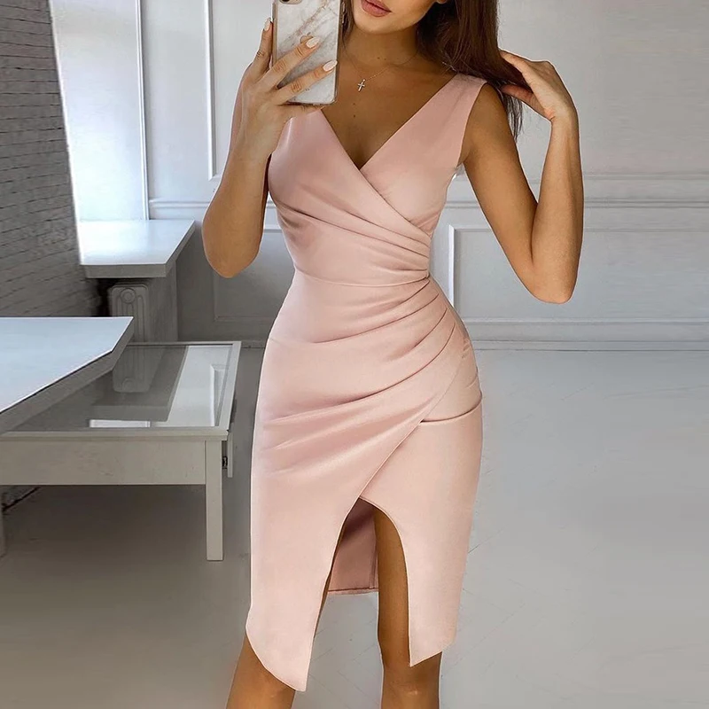 

Elegant Women Solid Knee-Length Dress Sleeveless Hollow Out Split Party Dress V-Neck Lady Slim Fit Chest Wrapping Dress Vestido