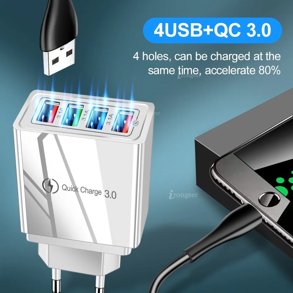 

Carregador de celular Tomada com 4 Portas de Carregamento Rápido QC USB 3.0 -CB 805