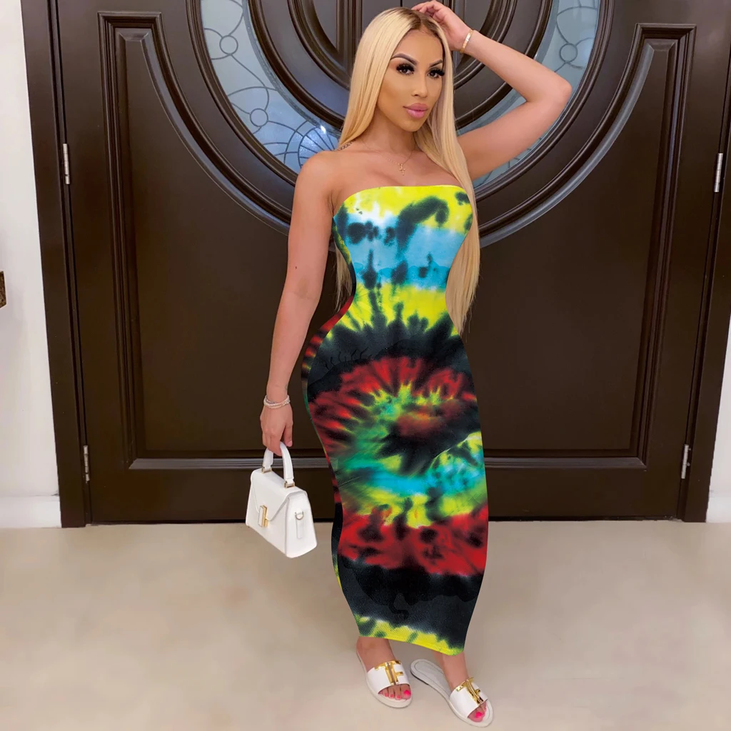 

2020 Ladies Off Shoulder Bodycon Casual Dresses Women Summer Sexy Slimming Dress Tie-dye Printed Sleeveless Strapless Dresses