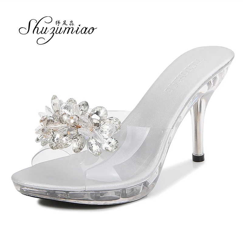 Тапочки с кристаллами 9 см тонкий высокий каблук прозрачная Летняя женская