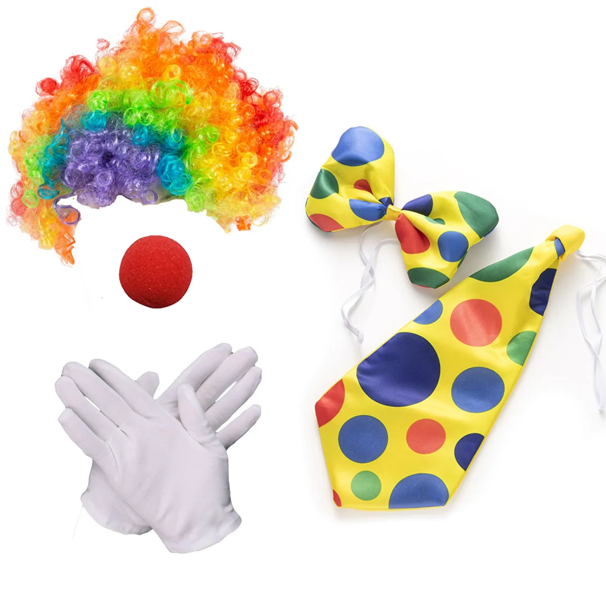 

Clown Costume Set of 5pcs, Polka Dots Wig Nose Bow Tie White Gloves for Parties Carnivals Role Play Cosplay Accessories