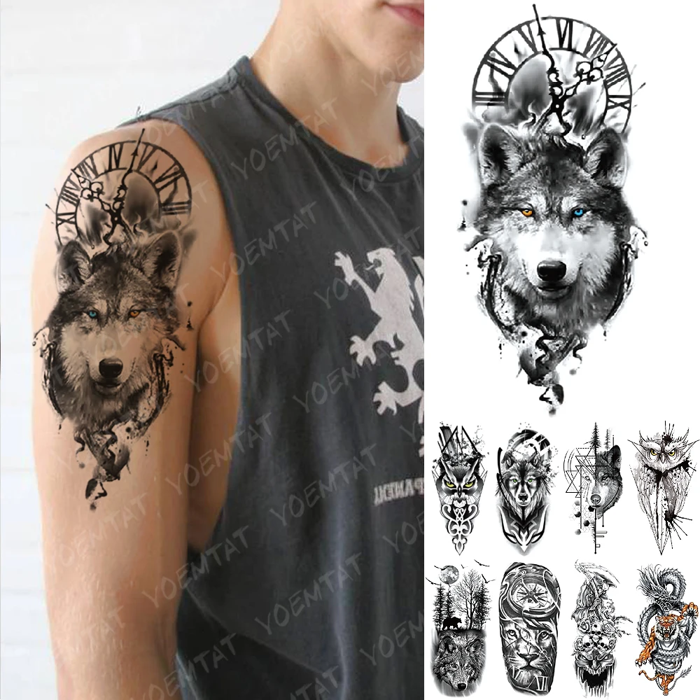 

Waterproof Temporary Tattoo Sticker Clock Orange Blue Eyes Wolf Flash Tattoos Lion Compass Body Art Arm Fake Tatoo Women Men