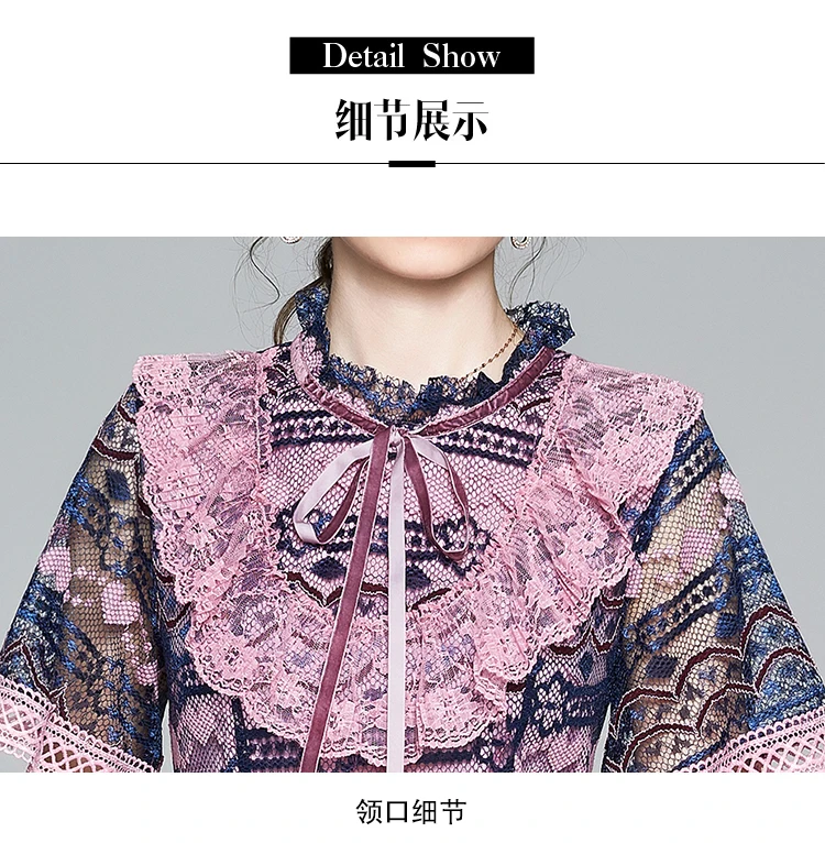 

2021 Summer French Vintage Women Lace Dress Elegant Lady Short Sleeve Splicing Ruffle Edge Banquet Fashion Long Dress