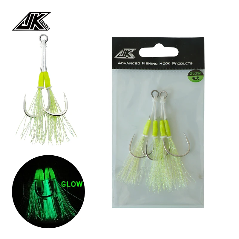 

JK Fishing Hook 5PACKS 1/0 2/0 3/0 4/0 Fish Auxiliary Hook Double-Headed Double Fish Hook Jig Slow Feather Fishing Gear