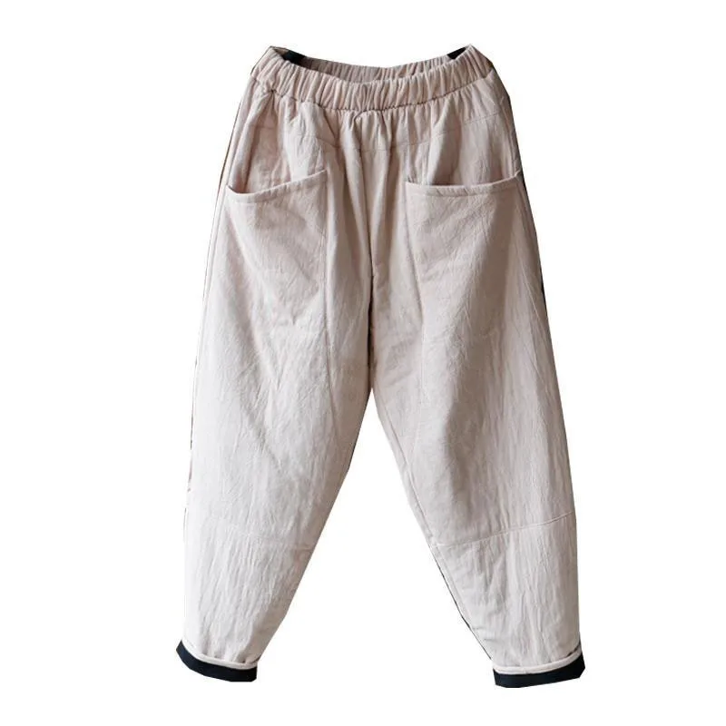 

New Arrival Autumn Winter Arts Style Women Elastic Waist Loose Thicken Pants Vintage Cotton Linen Warm Harem Pants V178