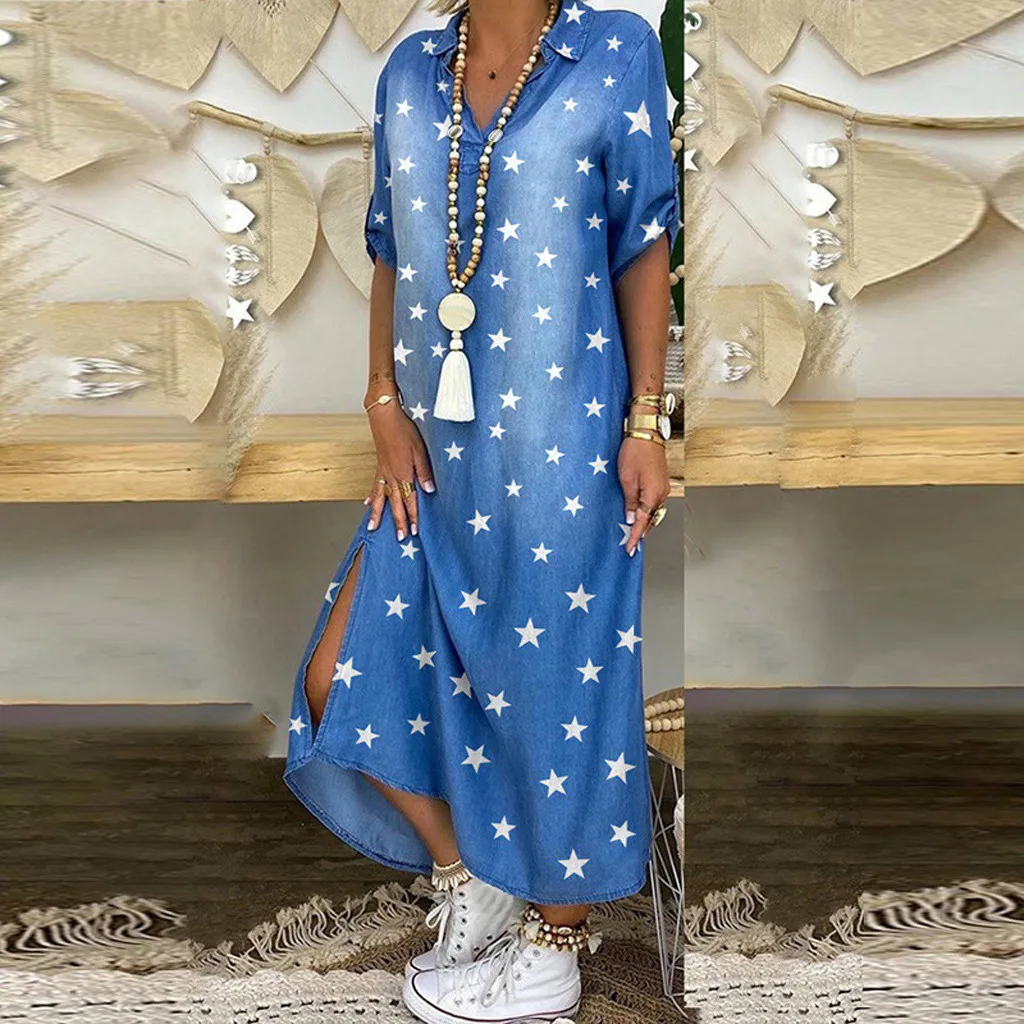 Женское летнее джинсовое платье Lmitation Ковбойское длинное с коротким рукавом