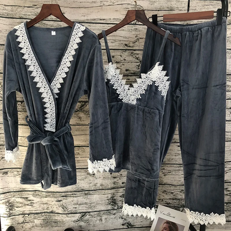 Бархатный пижамный комплект из 3 предметов Фланелевая пижама сексуальный