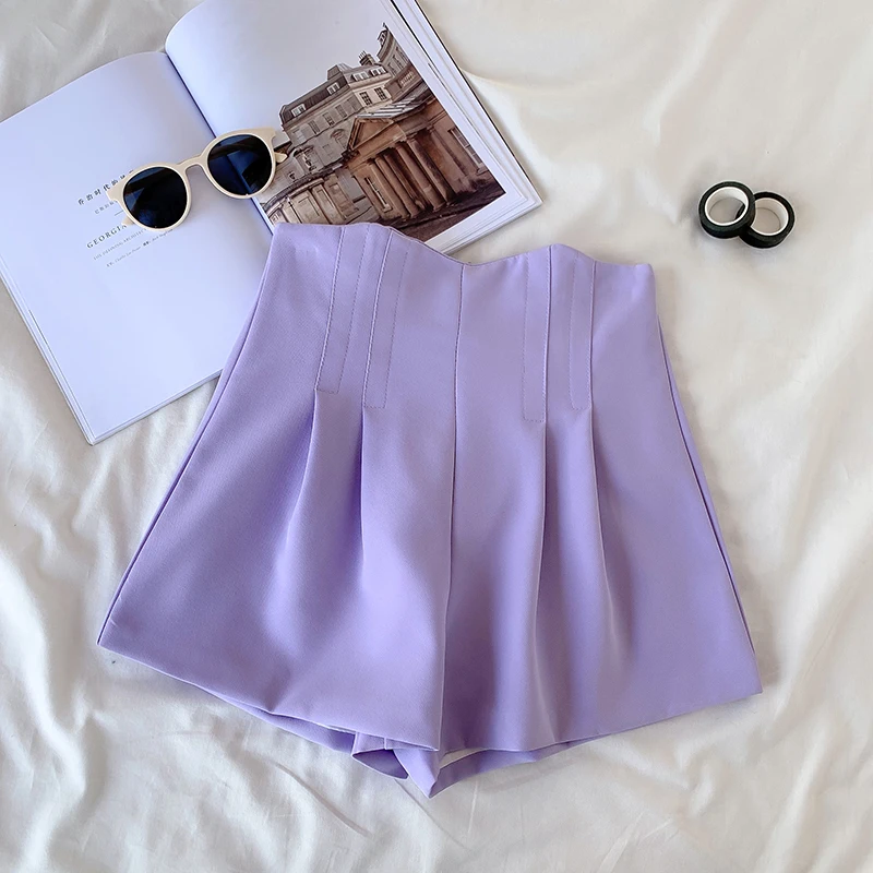 

Shorts Women A-line Summer Short-skirt Office Lady Pleated Casual Holiday High Waist Loose Fashion Purple Lining Stylish Ulzzang