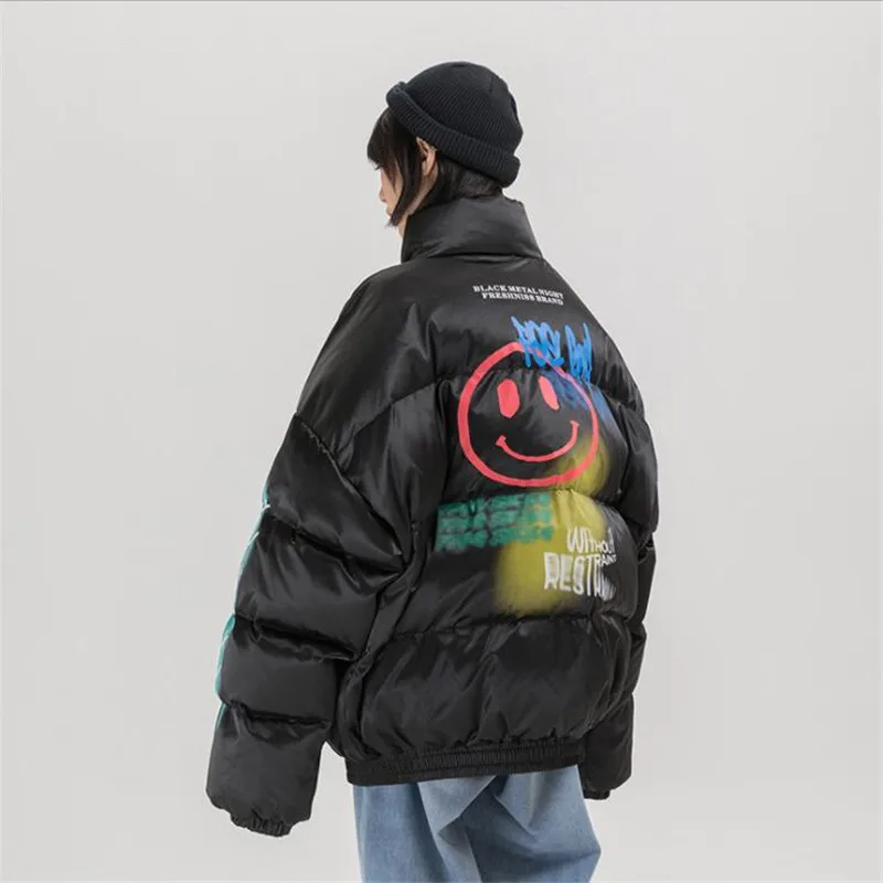 

2021 Hip Hop Thick Jacket Parka Happy Graffiti Print Men Windbreaker Streetwear Harajuku Winter Padded Jacket Coat Warm Outwear