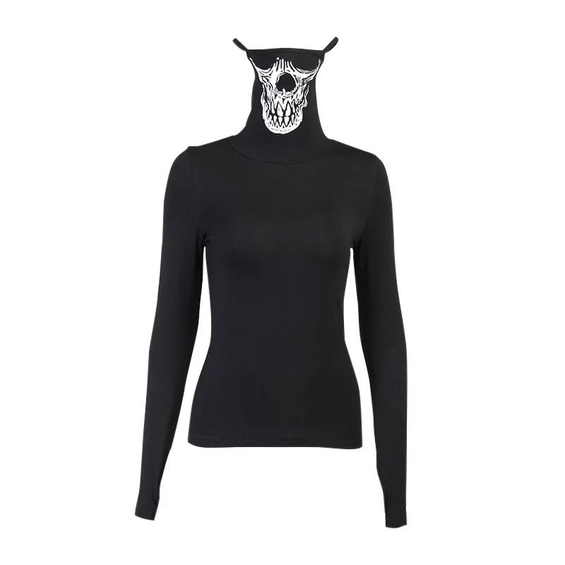 

European and American dark wind new design long sleeve T-shirt for women in autumn and winter 2020 skull print mask top