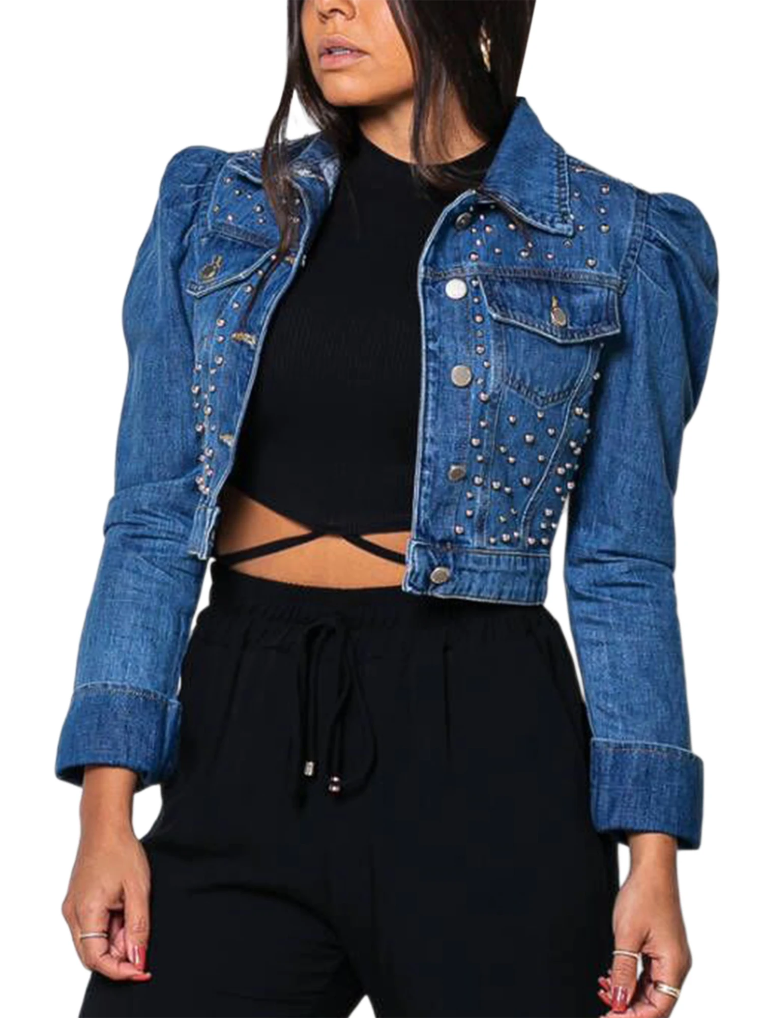 

Женское джинсовое пальто с длинными рукавами-фонариками и заклепками