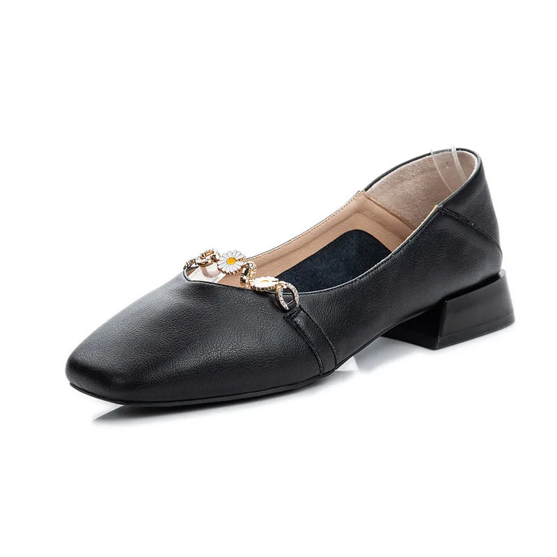 

Women Pumps Casual Leather Black Women's Shoes Autumn Fashion Thick-heeled Single Shoes Square Head All Seasons All-match Shoes