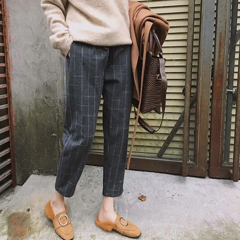 

Elegant Style Plaid Pants For Women Autumn Casual Loose Elastic Waist Slim Trousers Harajuku Female Ankle-Length Harem Pants