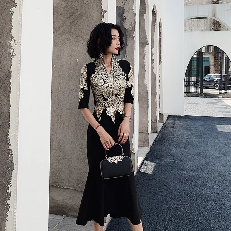 Женское вечернее платье с вышивкой элегантное бальное глубоким V образным