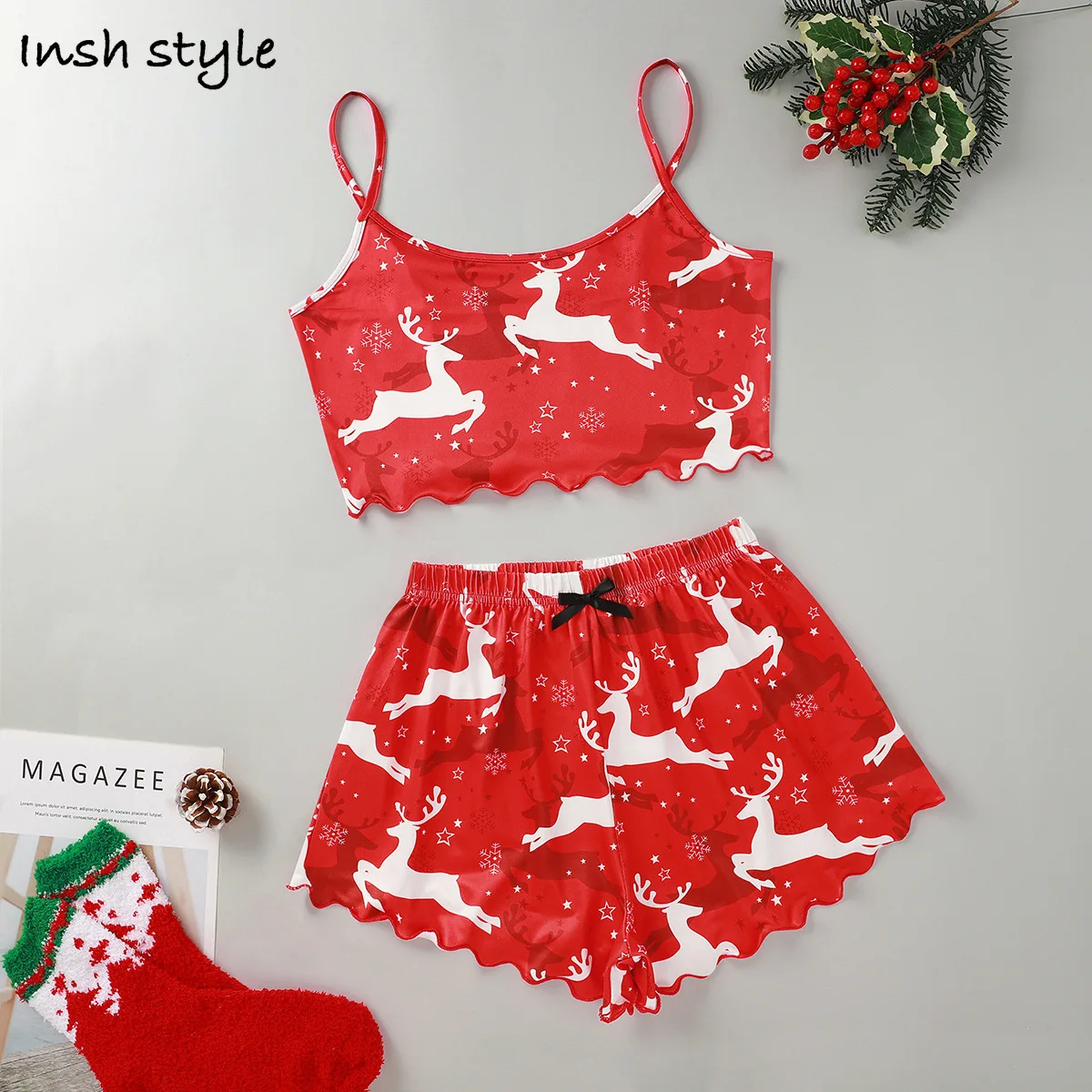 

Camisole Pijamas Set For Women Sexy Pajamas Sleepwear Sleep Tops Chirstmas Cartoon Spaghetti Strap Sleeveless summer Shorts