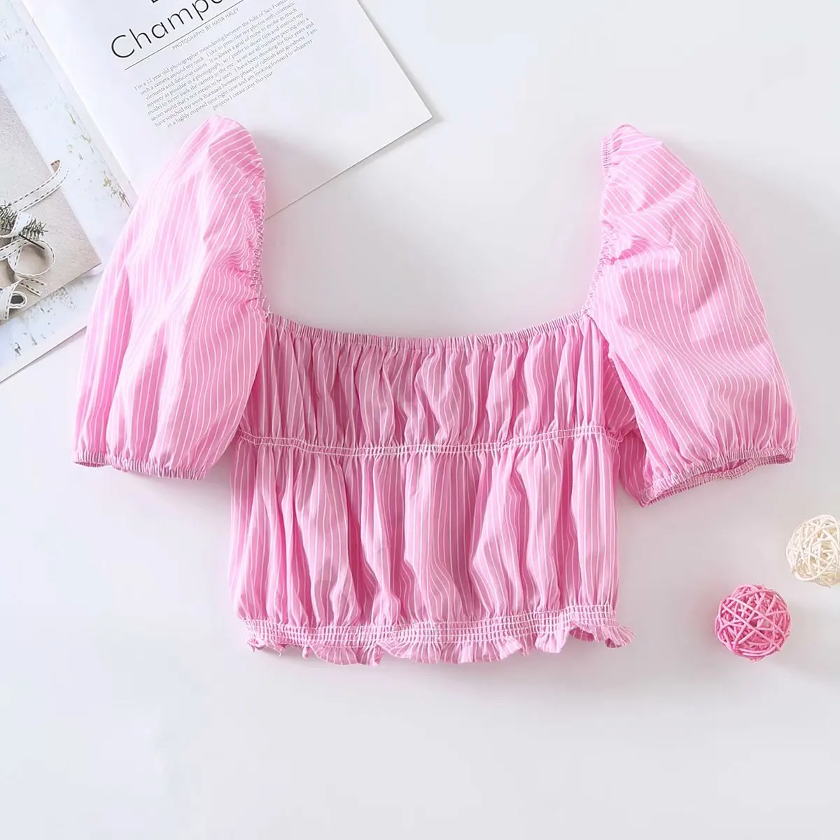 

2021 Summer Crop Tops Women Striped Short Puff Sleeves Shirt Chic Lady Fashion Casual Women Tops