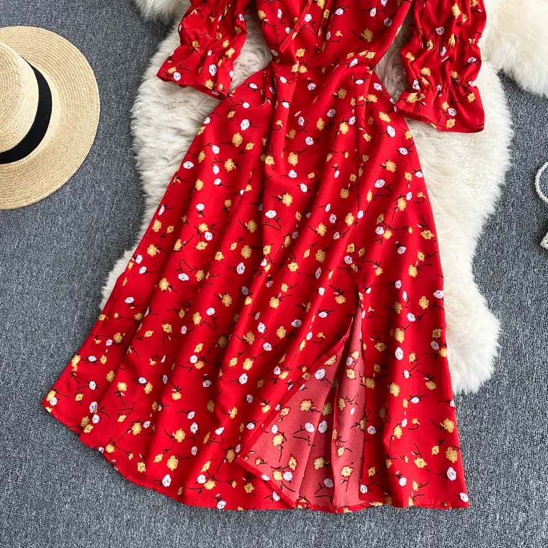 

Korean Floral Dress Women Square Collar Short Sleeve A-line Dresses Summer Bohemian Print Holiday Split Sundress 2021