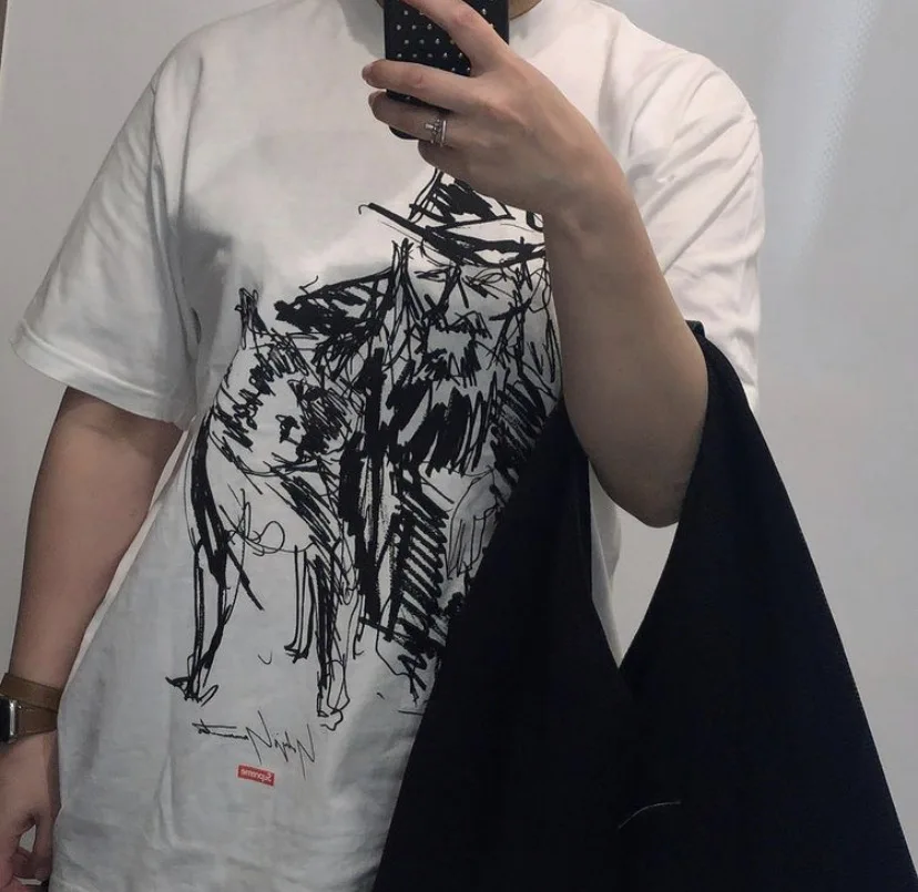 

Tide Brand 2021 Summer New Style Supreme Sketch Portrait Print Short-sleeved T-shirt Men and Women Couples Hip-hop TEE