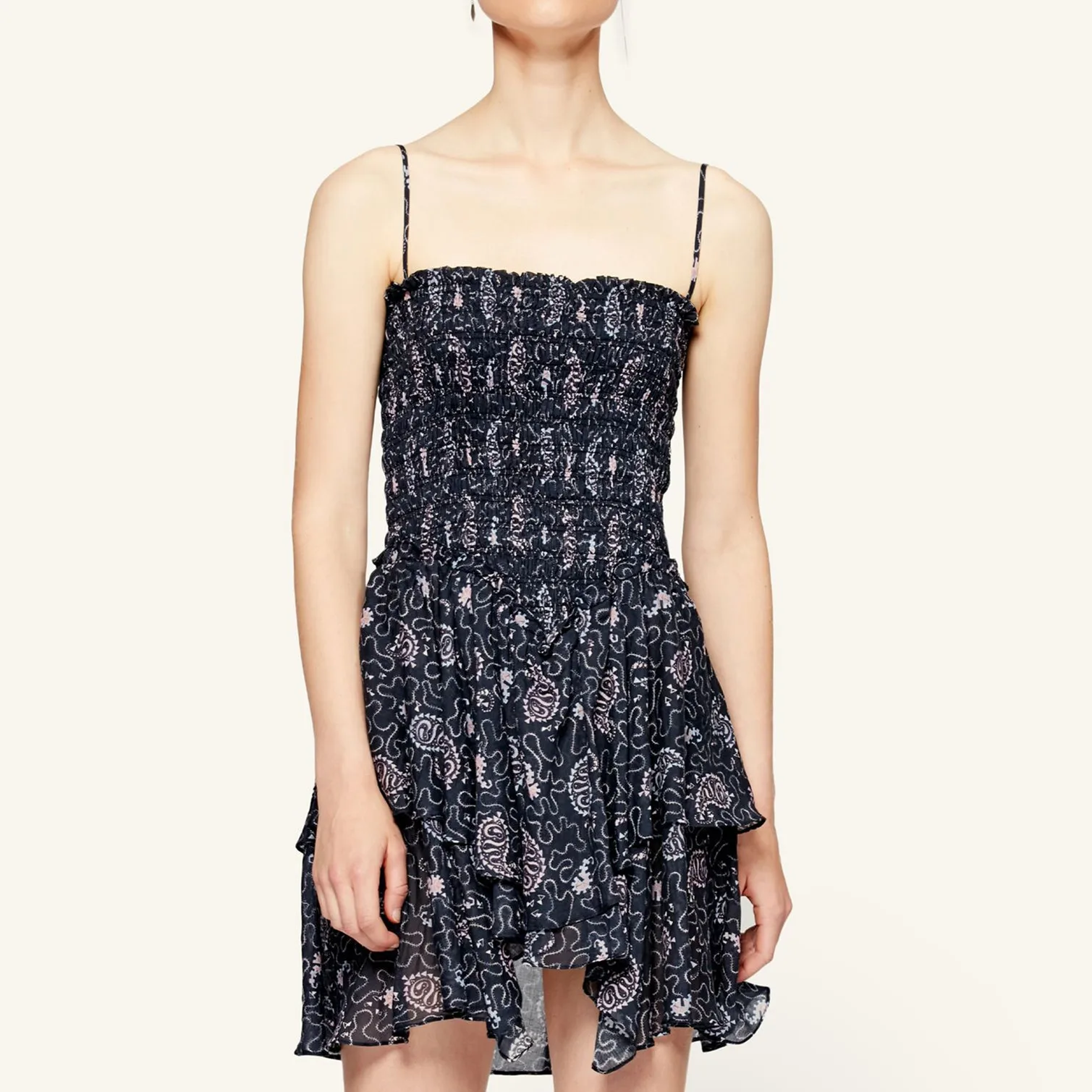 

Women Slash Neck Elastic Pleated Mini Dress 2021 New Summer Ladies Ruffled Irregular Paisley Print Sling Short Dresses Robe