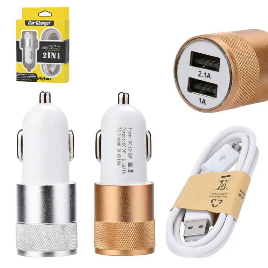 HOT SALE 5V /2.1A 1A Dual USB 2 Port Car Charger Adapter + Micro USB Charge Cable For For SamsungGalaxy S7 Edge Car-Styling