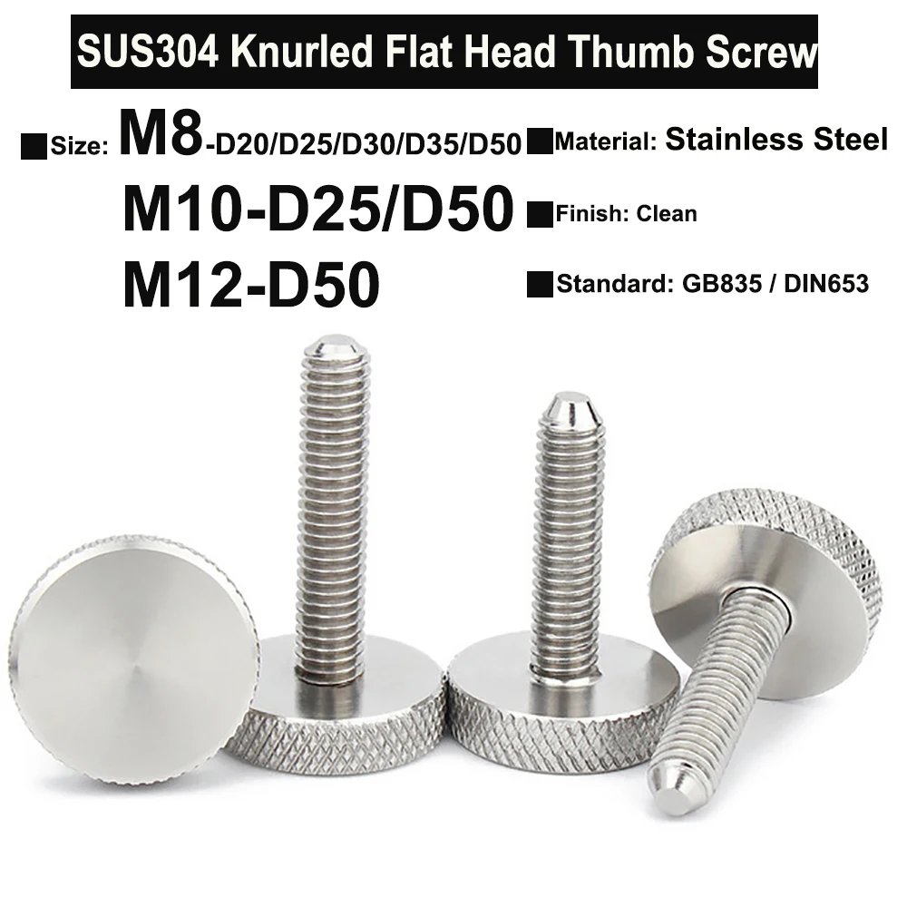 

1Pc~2Pcs M8 M10 M12 SUS304 Stainless Steel Hatching Knurled Thumb Screws GB835 DIN653 Flat Head Hand Tighten Thumb Screw