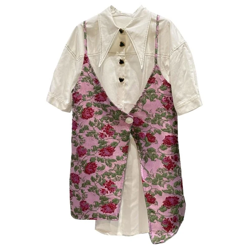 

Long Shirt + Decor Embroidery Suspender Dress 2021 Summer New Two Piece Set