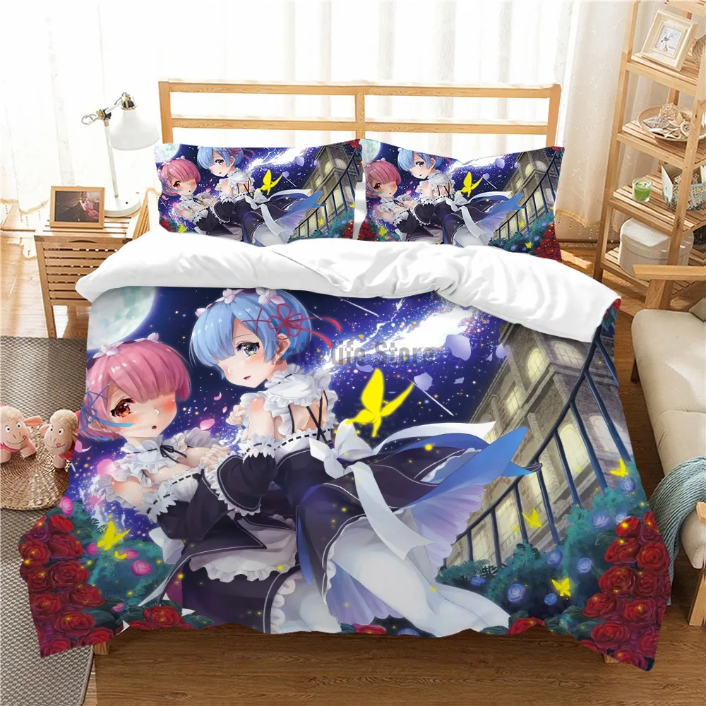 

3D Rem Ram Bedding Set Life in a different world from zero Anime Duvet Cover Sets Comforter Bed Linen 200x200cm Kids Bedclothes