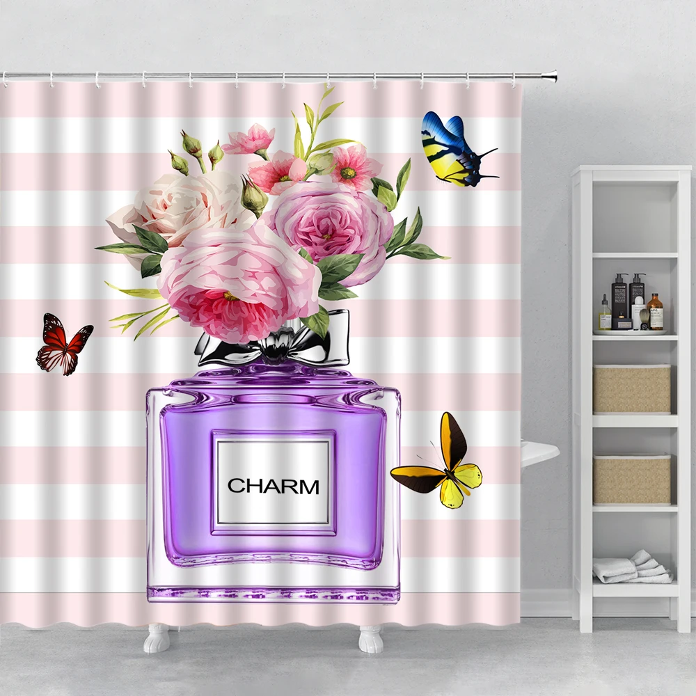 

Pink White Stripes Flowers Butterfly Purple Perfume Bathroom Shower Curtain Set Fashion Woman Home Bathtub Curtains Decoration