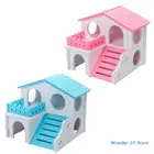 Деревянный домик для хомяка, 2-этажная вилла, маленькие питомцы, игрушка для скалолазания, укрытие для карликового хомяка, аксессуары для клетки, синийрозовый