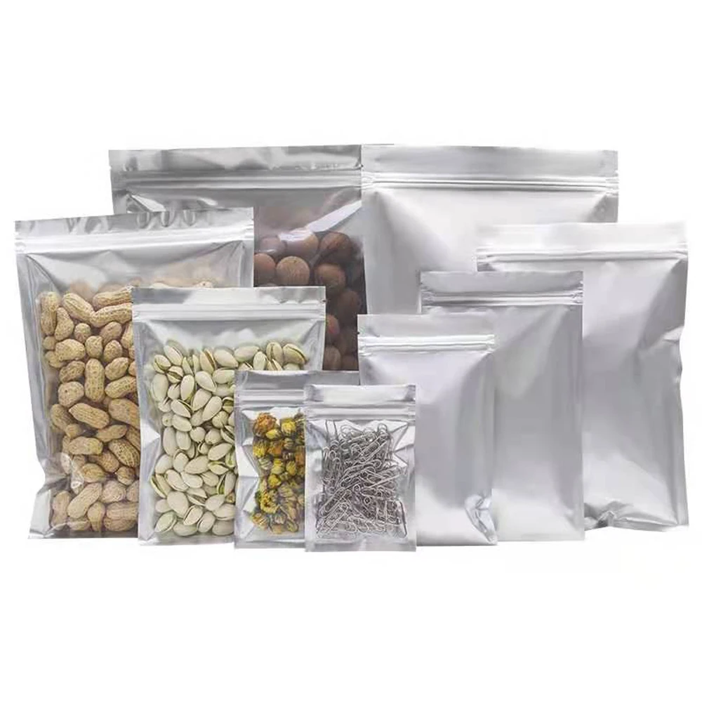 

100Pcs Clear Front Pure Mylar Foil Zip Lock Package Bags Nuts Beans Reclosable Mylar Plastic Zipper Packing Bag