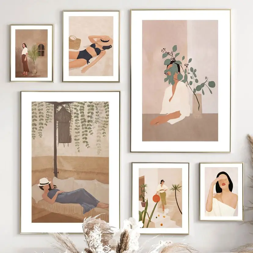 

Minimalist Abstract Fashion Lady Read Rest Beach Girl Wall Art Print Canvas Painting Nordic Poster Decor Picture For Living Room
