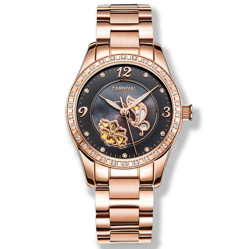 Reloj Mujer, карнавальные автоматические часы для женщин, модные механические Женские наручные часы, розовое золото, роскошный бренд, часы с скелетом - Цвет: rose gold black