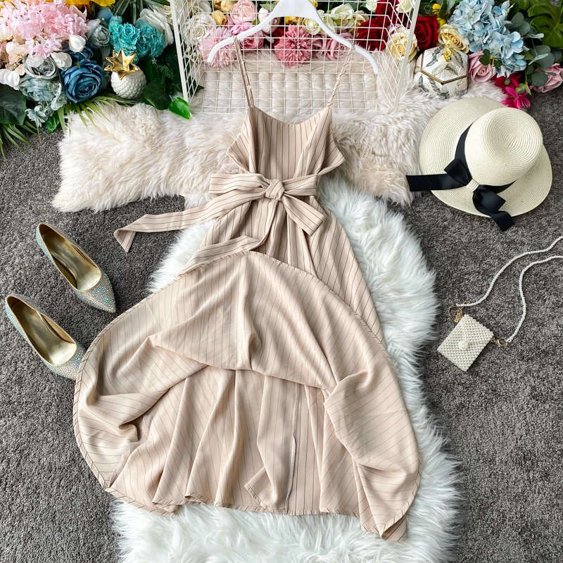 Женское облегающее платье-миди в полоску вечерние тонких бретельках | Женская