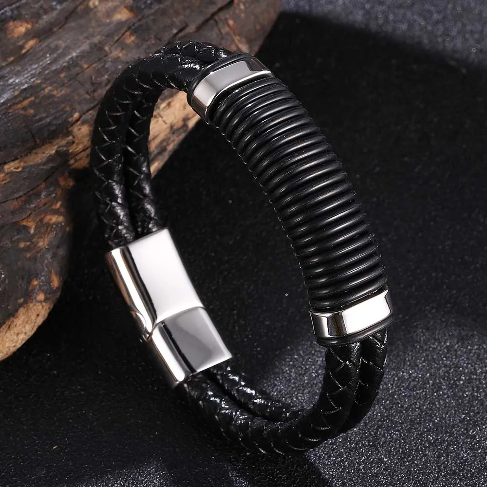 

Fashion Stainless Steel Magnetic Black Charm Bracelet Men Leather Braided Punk Rock Bangles Jewelry Accessories Friend